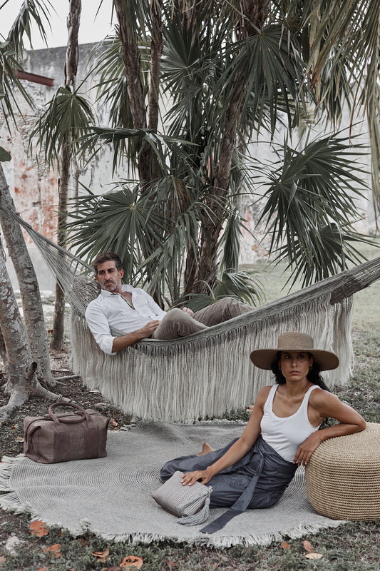 Fringe Hammock, Angela Damman taupe displayed | Crafthouse Store Kijkduin